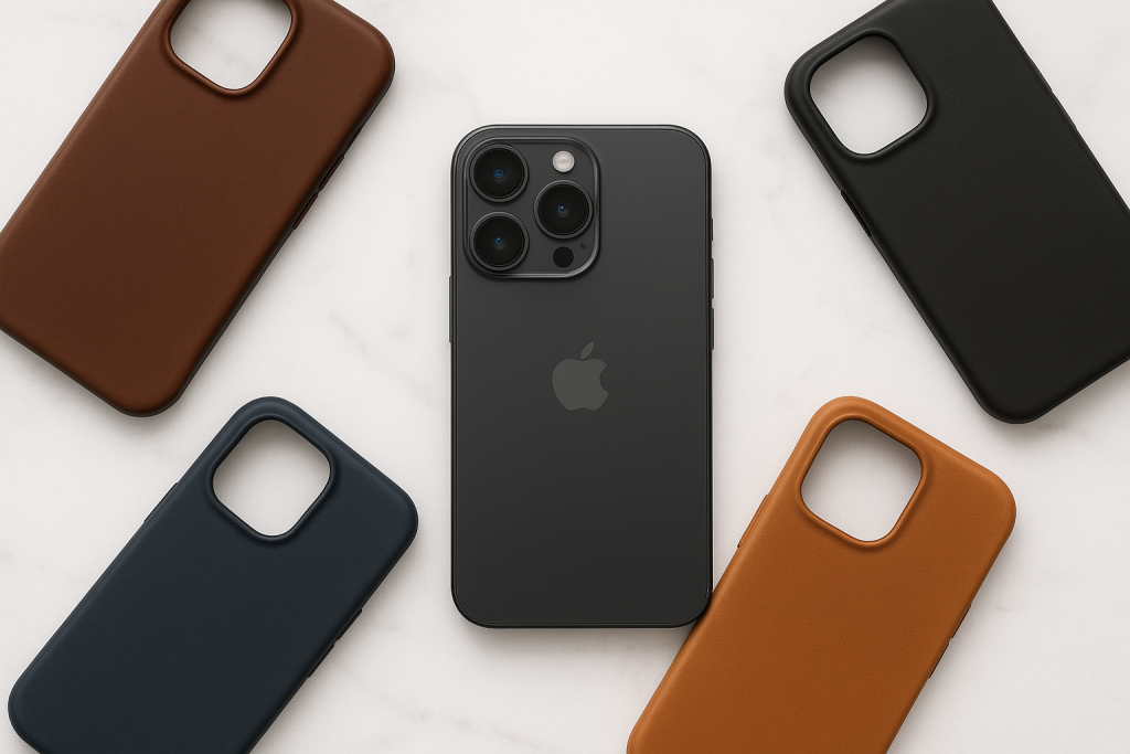 Best leather cases for iPhone 16 Pro Max — premium flat lay showing multiple leather MagSafe cases.