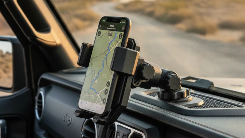 Jeep Wrangler JK dashboard with a Jeep Phone Mount holding a smartphone securely