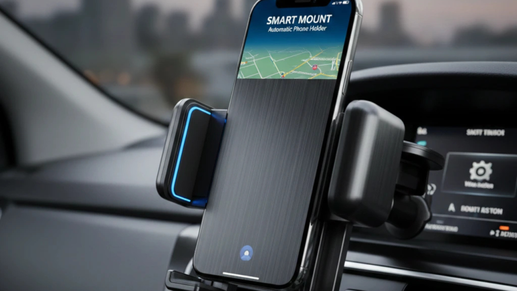 Automatic phone holder for car mounted on dashboard holding smartphone securely with one-hand auto clamp and wireless charging