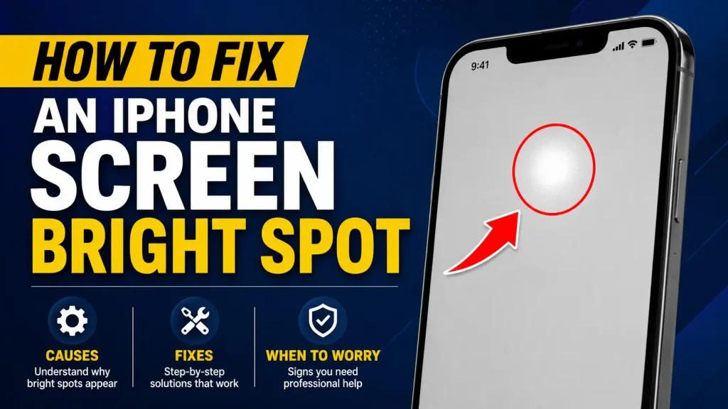 How to fix an iPhone screen bright spot with troubleshooting tips, repair solutions, and causes highlighted on a smartphone display.
