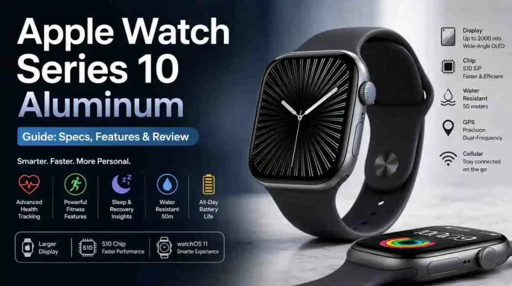 Apple Watch Series 10 Aluminum product guide banner showing a close-up of the smartwatch with key specs and features highlighted on a modern tech-style background.