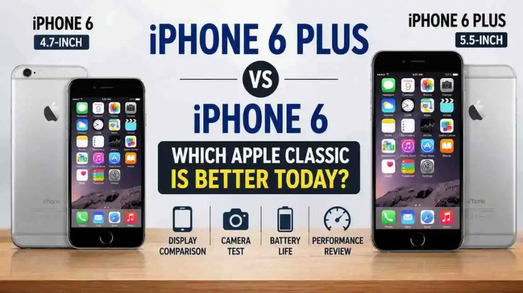IPhone 6 vs iPhone 6 Plus comparison showing design, display size, and key specifications differences between both Apple smartphones.