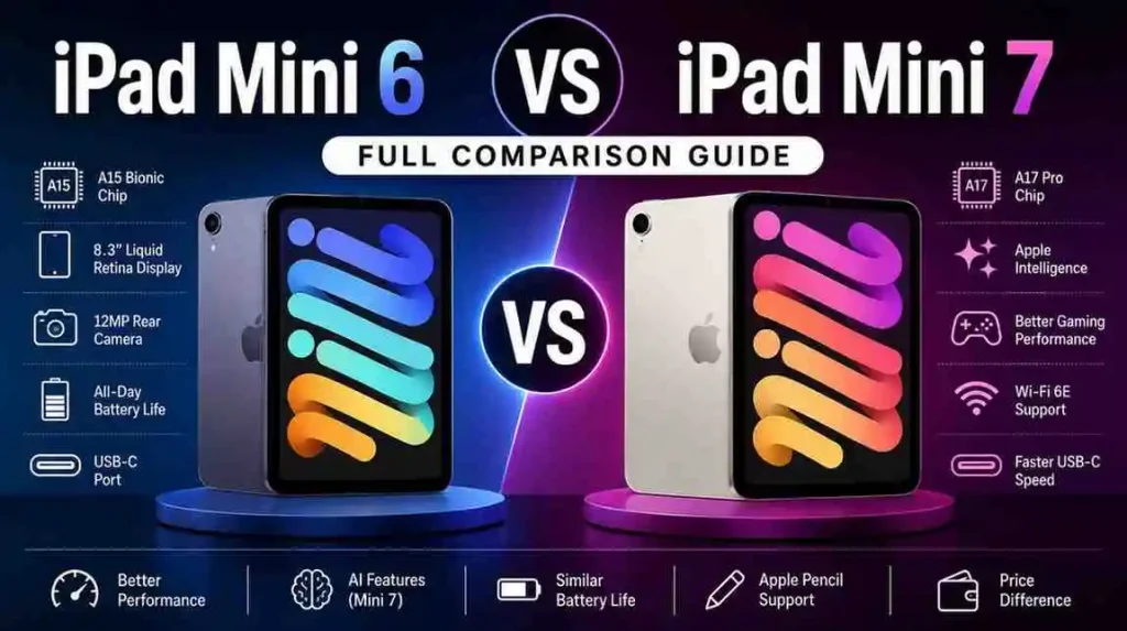iPad Mini 6 vs iPad Mini 7 full comparison infographic showing design, performance, and feature differences.
